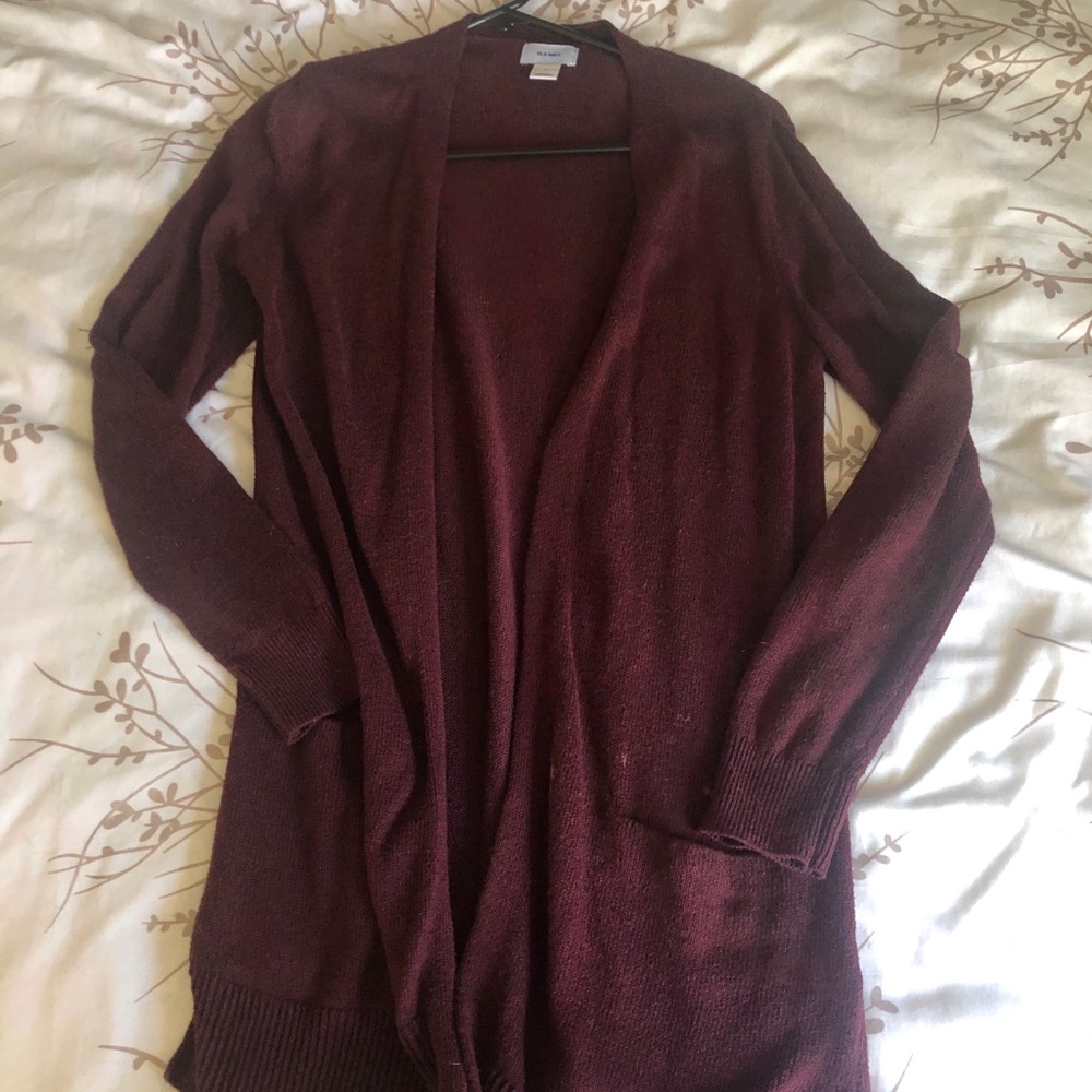 Red thigh length cardigan